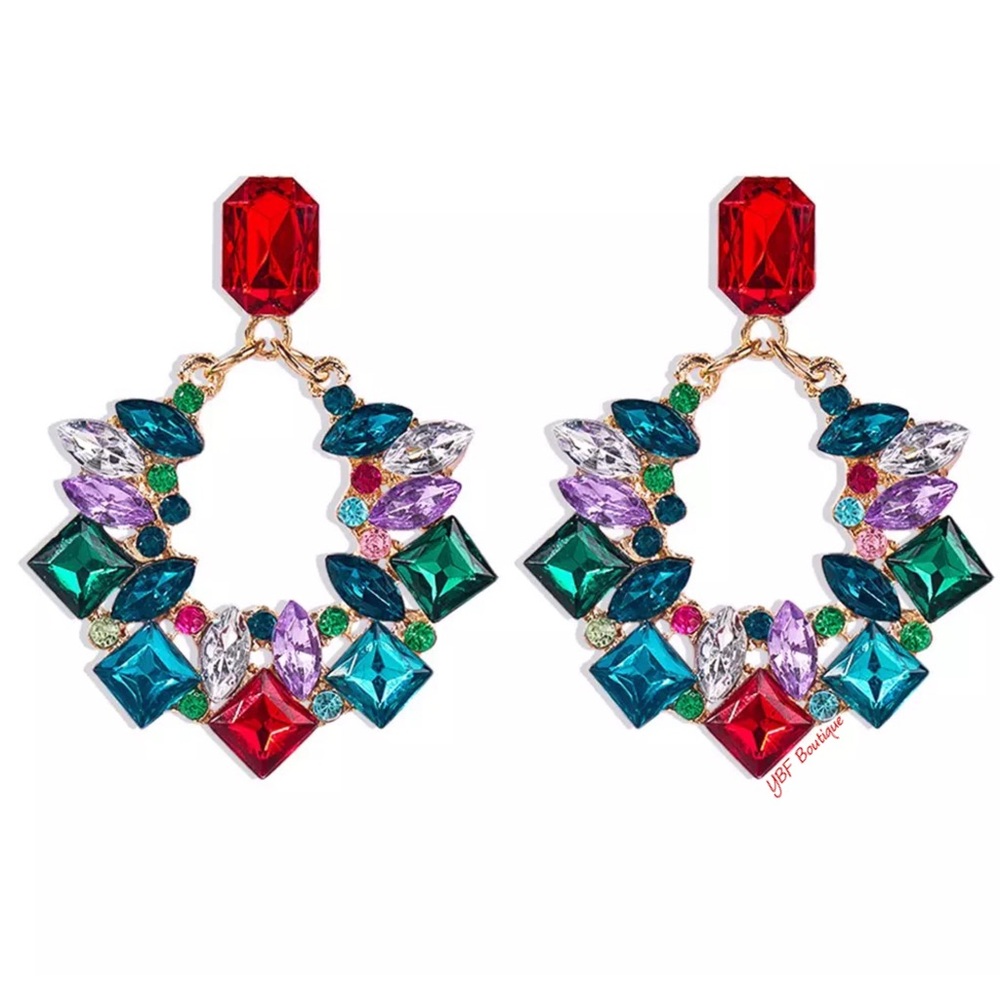 New Red Blue Colorful Rhinestone Post Statement Earring - Picture 2 of 6